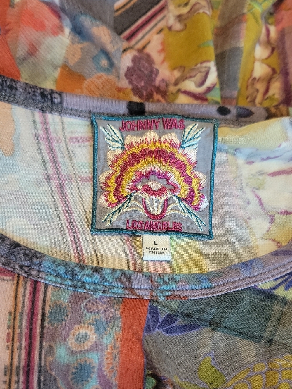 Johnny Was Sonnet patchwork puff sleeve top Shirt mixed print boho round neck L - Picture 4 of 5